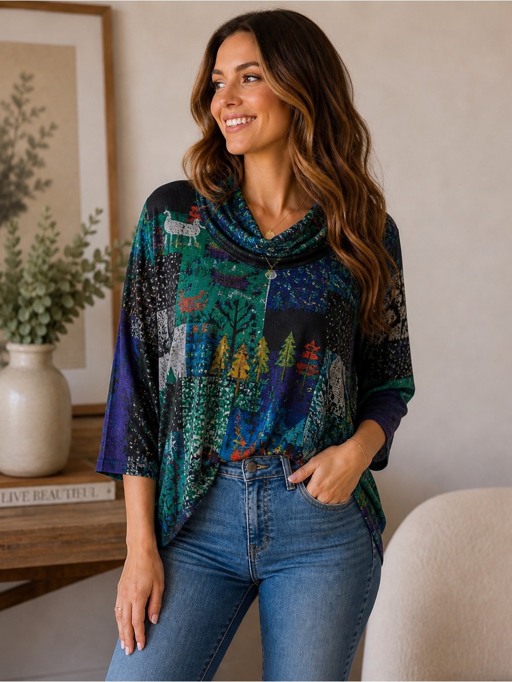 Inoah Cowl Neck Tunic Top XL Patchwork Forest Print Boho Oversized USA